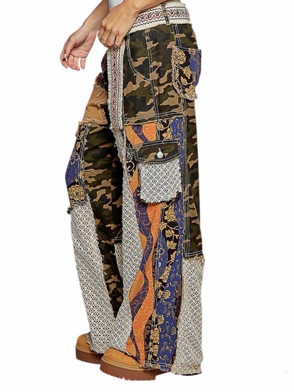 Pol Hunting Wives SzMed Patchwork Camo Wide-Leg Pants Olive/Beige - Picture 2 of 16